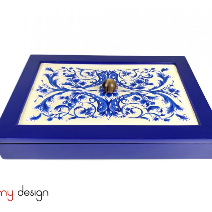 Blue rectangular lacquer box with classic pattern 22*32*H5 cm